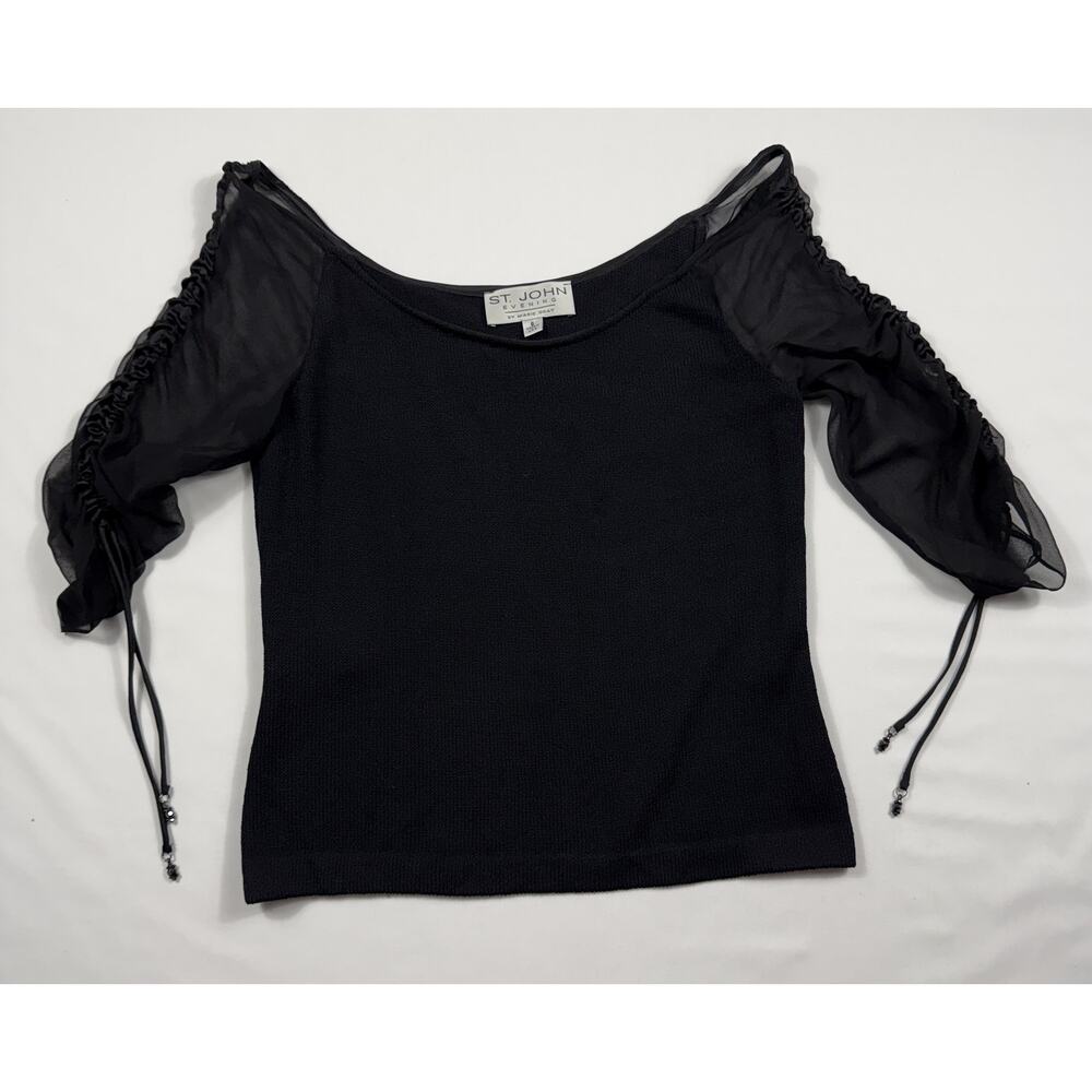 St. John black knit top scoop neck sheer mesh sleeves ruched tie details